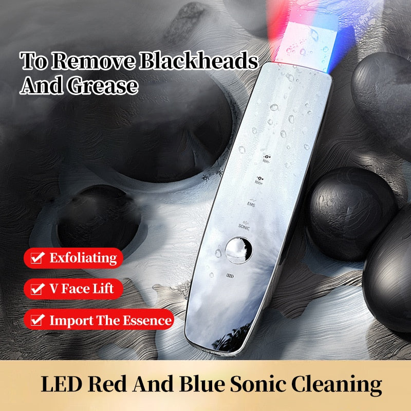 EMS Ultrasonic Skin Scrubber Face Spatula LED Red Blue Photon Massager